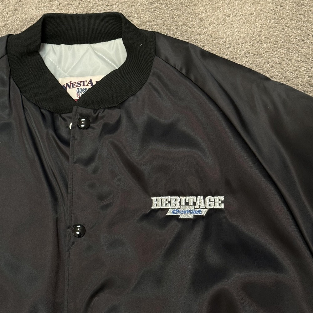 1980s Chevrolet Jacket Mens XL Black Satin Bomber Genuine Logo USA Heritage